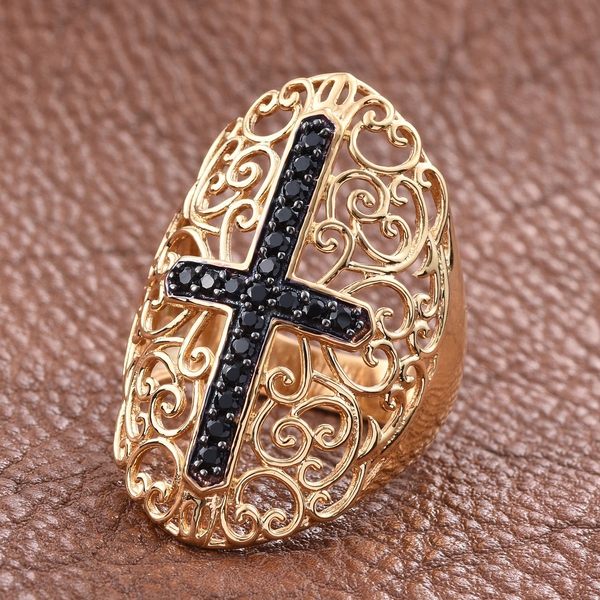 Boi Ploi Black Spinel Cross and Filigree Ring in 14K Gold Overlay Sterling Silver 0.500 Ct.