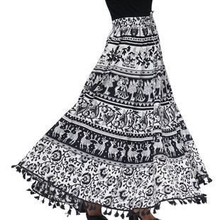 100% Cotton Mandala Print Boho Long Skirt with Tassels (Size 101x94cm) - Black and White
