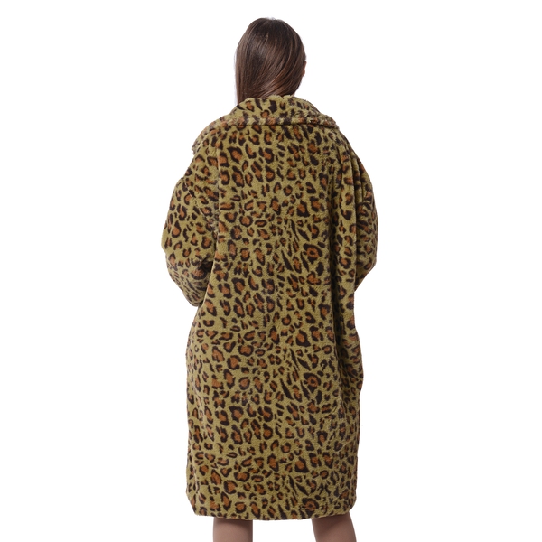 Green and Black Colour Leopard Print Pattern Faux Fur Long Coat (Size L to XL)