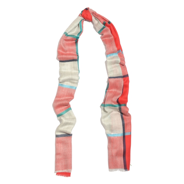 100% Cashmere Wool Red, White and Multi Colour Checks Pattern Scarf (Size 200x70 Cm)