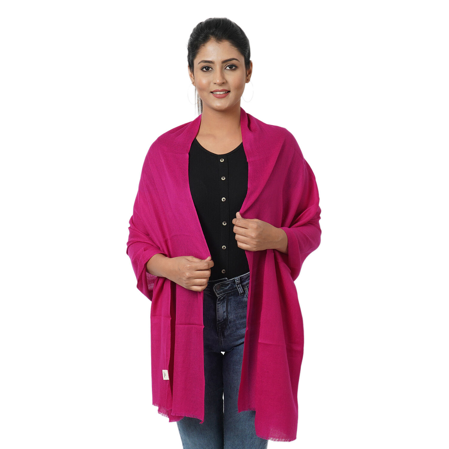 Limited Available -  Super Soft - 100% Cashmere Wool Fuchsia Colour Shawl with Fringes (Size 190x68Cm)