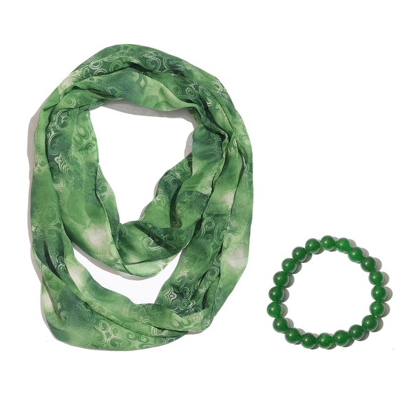 Green Colour Infinity Scarf (Size 180X50 Cm) and Green Quartzite Ball Beads Stretchable Bracelet (Si