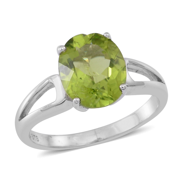 AA Hebei Peridot (Ovl) Solitaire Ring in Rhodium Plated Sterling Silver 3.750 Ct.