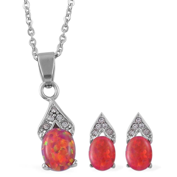 Simulated Red Opal and Simulated White Diamond Pendant With Chain and Earrings (with Push Back) in S