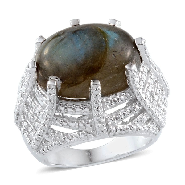 Labradorite (Ovl 12.00 Ct), Diamond Ring in Platinum Overlay Sterling Silver 12.010 Ct.