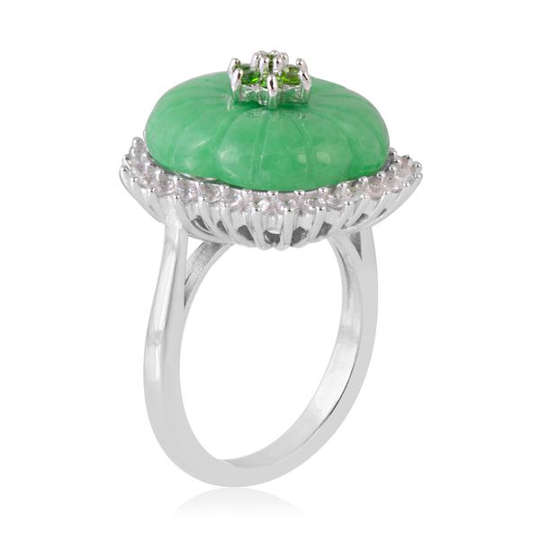 Carved Green Jade, Natural Cambodian White Zircon and Chrome Diopside Flower Ring in Rhodium Overlay Sterling Silver 10.810 Ct.