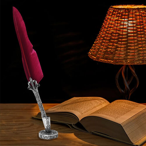 Set of Burgundy Feather Pen with Pen Stand, Black Ink (15ml) and 6-Different Nip Shapes in Silver Tone