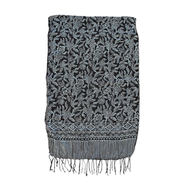 Grey and Black Colour Batik Print 100% Silk Scarf (Size 150x45 Cm)