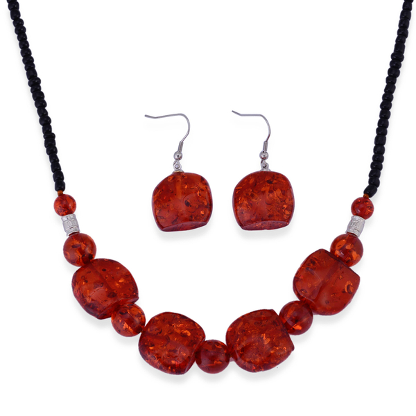 Simulated Amber, Black Glass Necklace (Size 23) and Hook Earrings in Stainless Steel