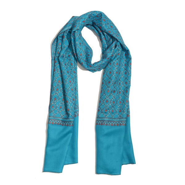 Hand Embroidered Floral Pattern Kashmiri Turquoise Woollen Shawl (Size 200x70 Cm) - 100% Merino Wool