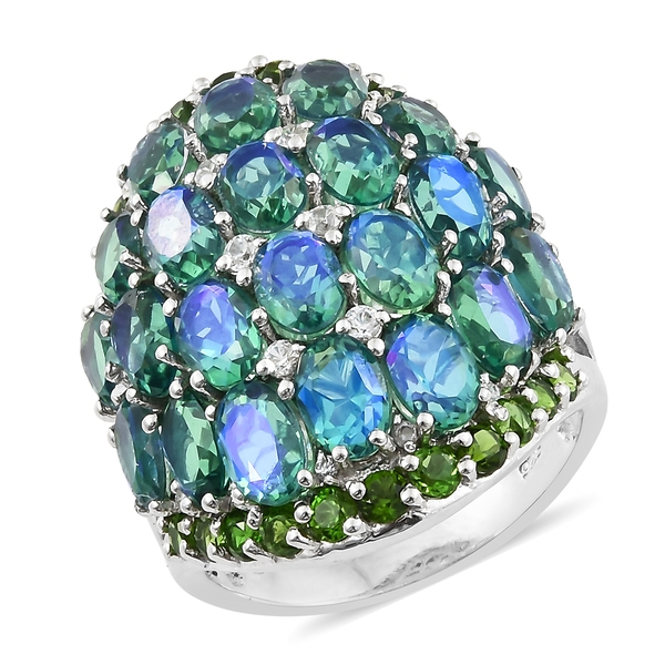 Peacock Quartz (Ovl), Chrome Diopside and Natural Cambodian Zircon Cluster Ring in Platinum Overlay 