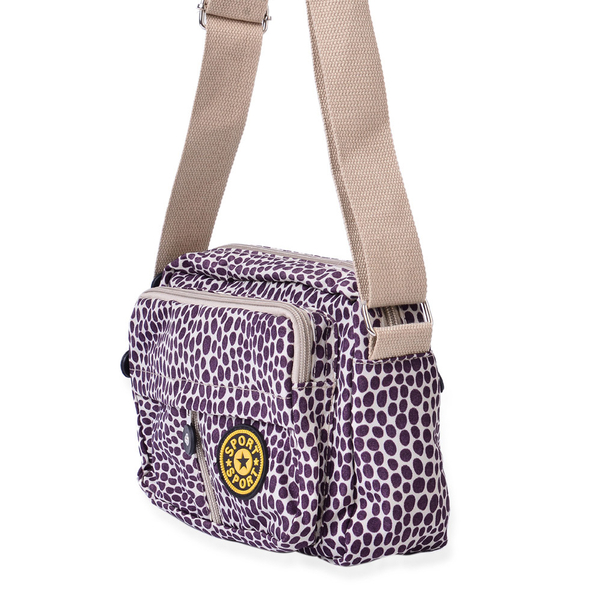 Cream and Purple Colour Dots Pattern Waterproof Sport Bag with External Zipper Pocket and Adjustable Shoulder Strap ( Size- 21.5 x 7x17cm)