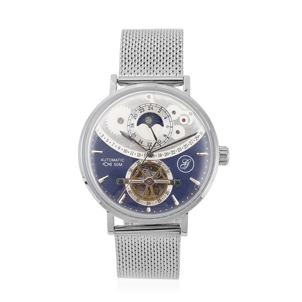 GENOA Automatic Movement Blue Dial 5 ATM Water Resistant Watch with Mesh Strap in Silver Tone