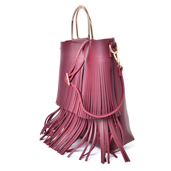 2 Piece Set - Burgundy Colour Large Handbag with Fringes (Size 30X27X8 Cm) and Small Handbag (Size 22X18X4 Cm) with Adjustable and Removable Shoulder Strap