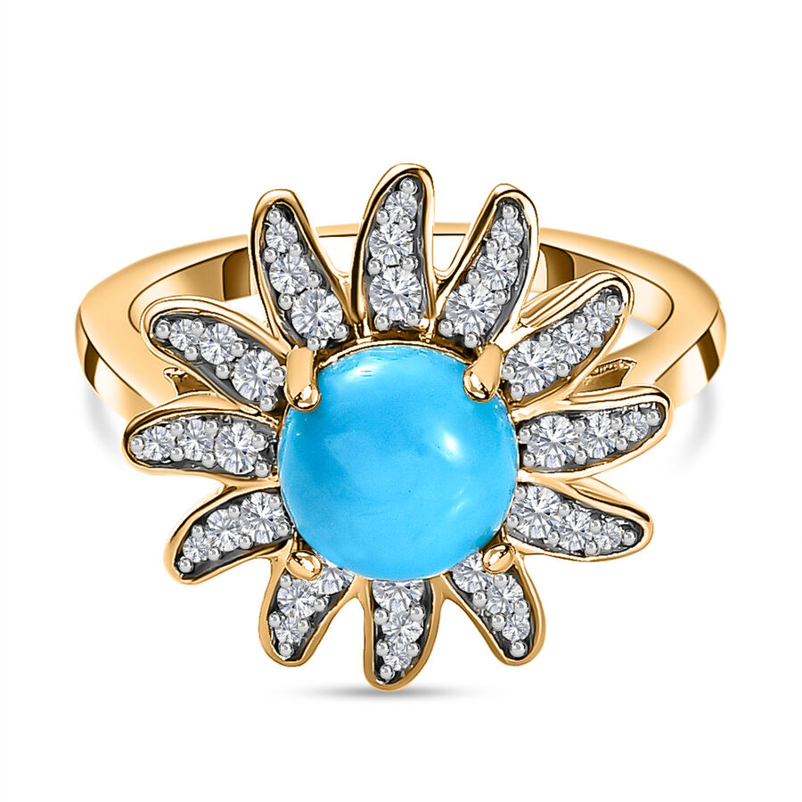 Arizona Sleeping Beauty Turquoise & Natural Zircon Floral Ring in 18K Vermeil Yellow Gold Plated Sterling Silver 1.65 Ct