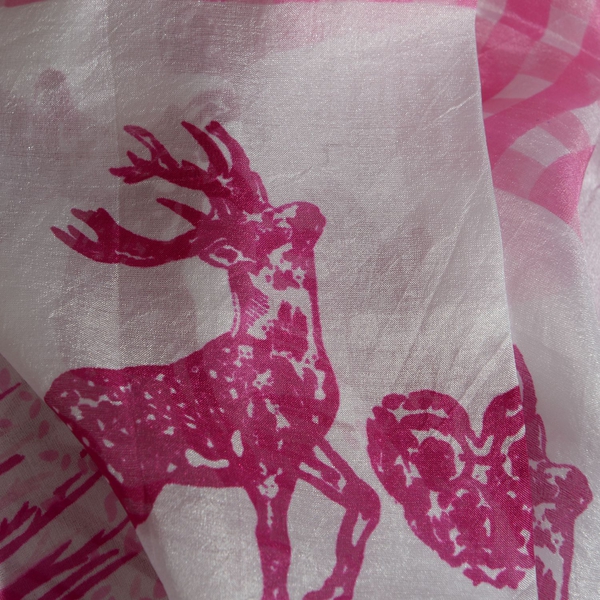Last Chance - 100% Mulberry Silk Pink and White Colour Deer Pattern Pareo (Size 180x100 Cm)