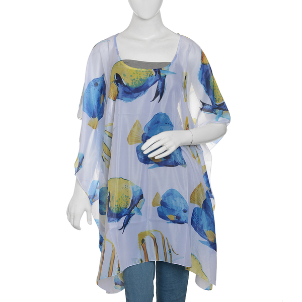 Designer Inspired - Blue, White, Yellow and Multi Colour Fish Pattern kaftan (Size 90x65 Cm)