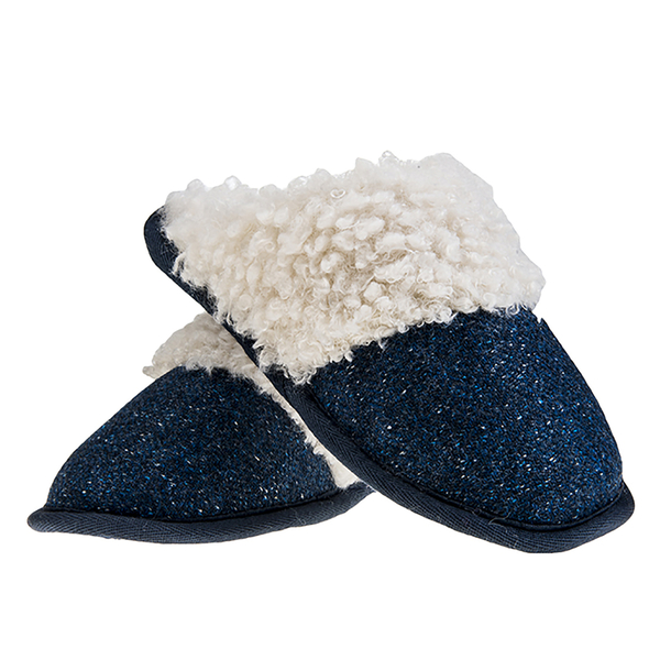 ARAN Tweed Slip-on Slippers with Fur Lining (Size:Large 8-9) - Blue