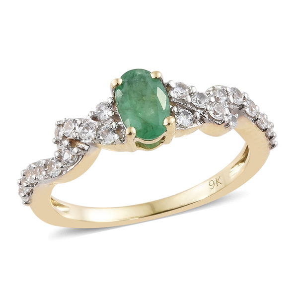 1 Carat AAA Zambian Emerald and Cambodian Zircon Ring in 9K Gold 1.95 Grams