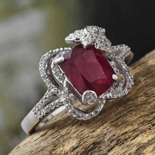 Designer Inspired - African Ruby (Cush 3.50 Ct), Natural Cambodian Zircon Ring in Platinum Overlay Sterling Silver 3.750 Ct.