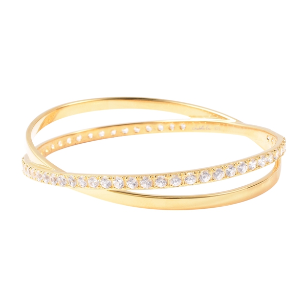Isabella Liu Collection - Natural White Cambodian Zircon (Rnd) Bangle (Size 7.5) in Yellow Gold Overlay Sterling Silver Silver Wt 21 Grams