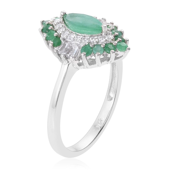 Kagem Zambian Emerald (MRQ), White Topaz Ring in Platinum Overlay Sterling Silver 1.250 Ct.