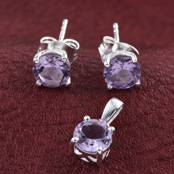 Rose De France Amethyst (Rnd) Solitaire Pendant and Stud Earrings (with Push Back) in Sterling Silver 2.250 Ct.