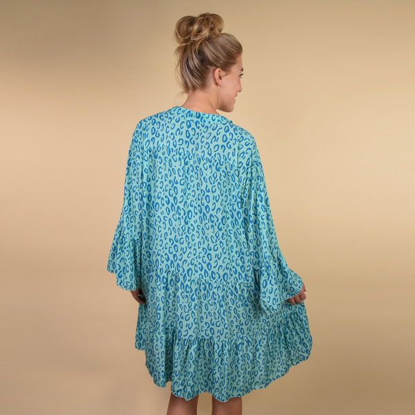 TAMSY 100% Viscose Digital Leopard Print Button Detail Smock Tunic One Size, (Fits 8-20) - Blue