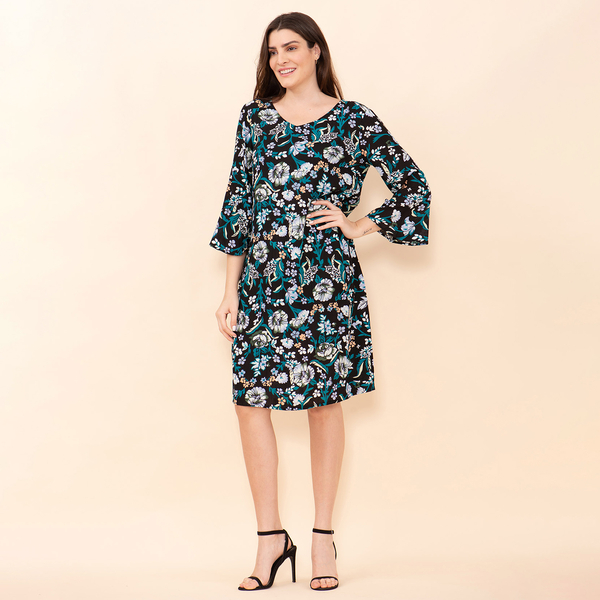 TAMSY 100% Viscose Floral Pattern Midi Dress (Size 8) - Black, Teal & Multi