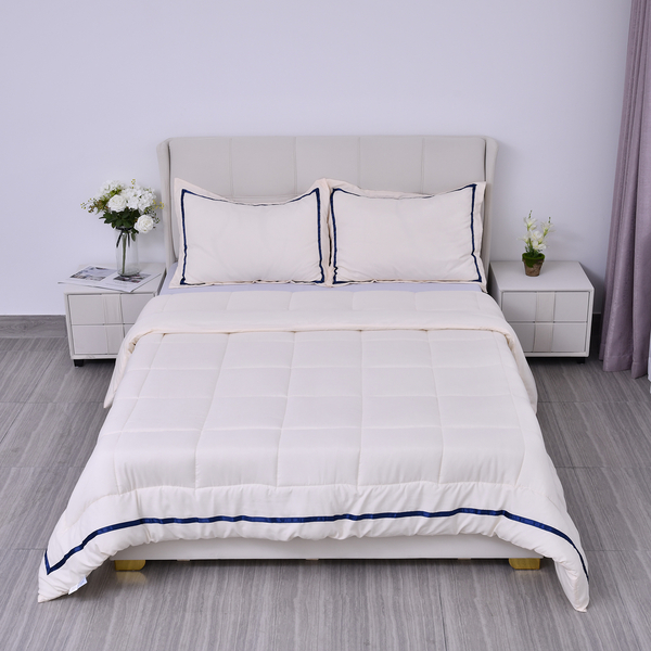 3 Piece Set - SERENITY NIGHT Square Pattern 1 Comforter (Size 225x220Cm) and 2 Pillow Case (Size 50x70Cm) - Cream & Navy