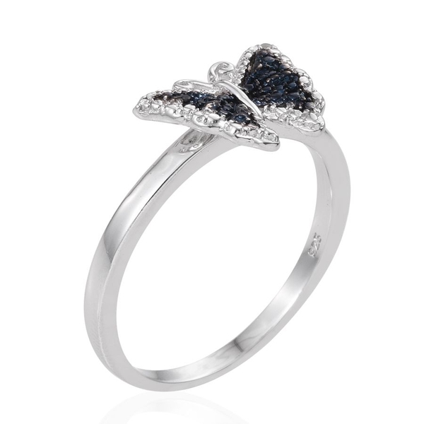 Blue Diamond (Rnd), White Diamond Butterfly Ring in Platinum Overlay Sterling Silver