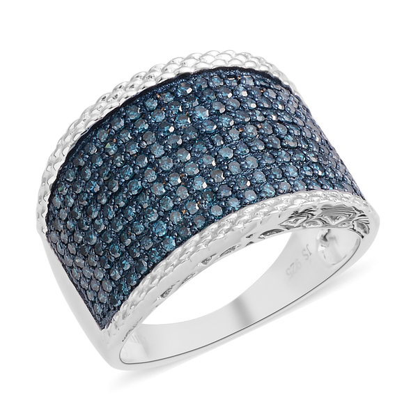 New York Close Out Deal 1 Ct Blue Diamond Cluster Ring in Rhodium Plated Silver 5 Grams