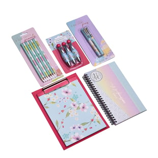 Pack of 5 Stationery Item (Inclu. 3 Pack Bobble Pens, Mini Clipboard & Pad, 2 Ballpoint Pens, 8 Gem 