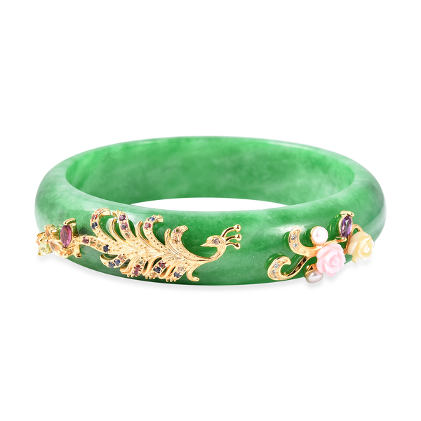 292.84 Ct Green Jade and Multi Gemstone Peacock and Floral Bangle 5.04 Grams 7.25 Inch