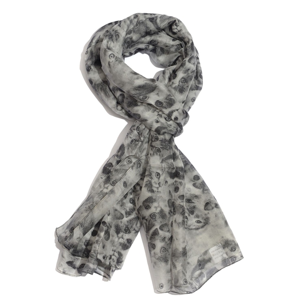 100% Mulberry Silk Cat Printed Grey and Black Colour Scarf (Size 180x105 Cm)