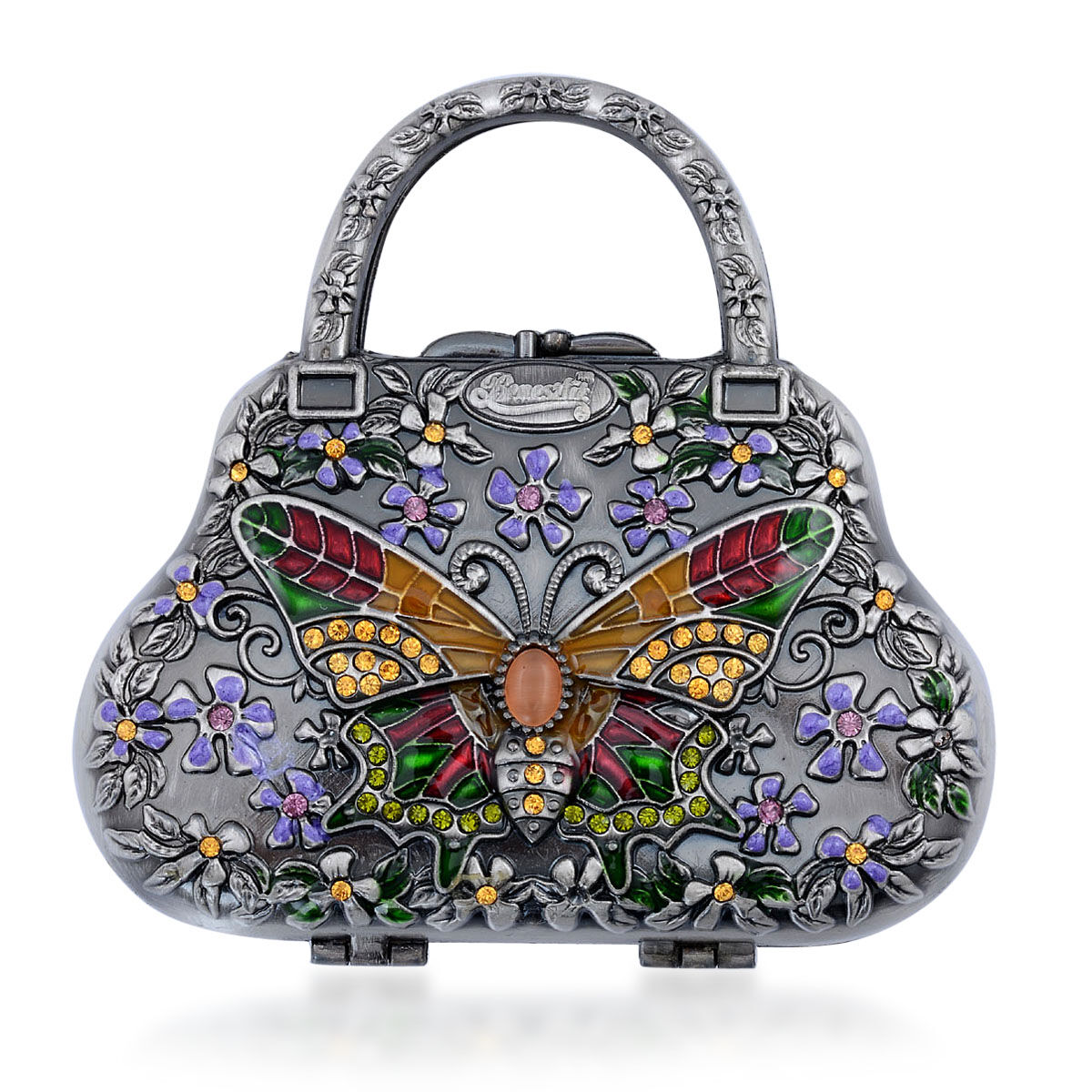 Multi Colour Enameled Flower and Butterfly Pattern Handbag Shape Compact Mirror in Silver Tone with Simulated Orange Cats Eye