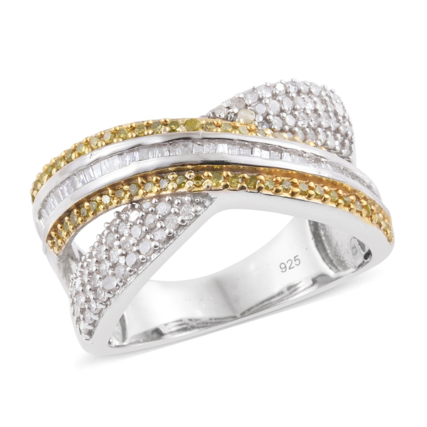 Yellow Diamond (Rnd), White Diamond Criss Cross Ring in Platinum and Gold Overlay Sterling Silver 1.