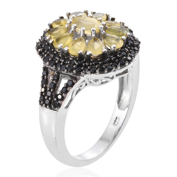 Natural Canary Opal (Ovl), Boi Ploi Black Spinel Floral Ring in Platinum Overlay Sterling Silver 2.500 Ct.