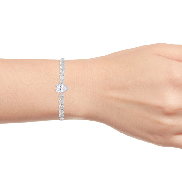 Lustro Stella Simulated Diamond (Pear and Round) Bracelet (Size 7.5) in Rhodium Overlay Sterling Silver, Silver wt 8.80 Gms