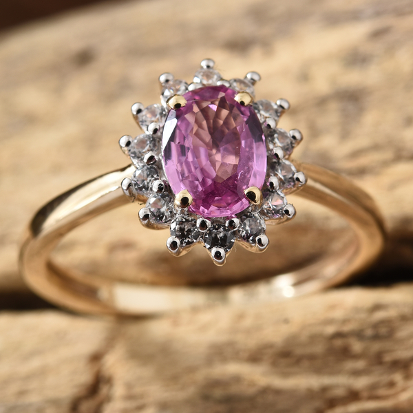 9K Yellow Gold AAA Pink Sapphire (Ovl), Natural White Cambodian Zircon Ring 1.100 Ct