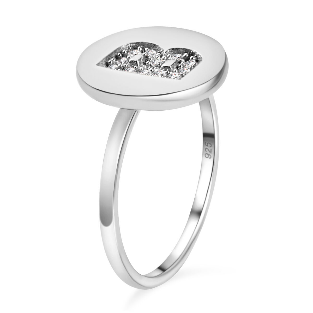 White Diamond Initial-B Ring in Platinum Overlay Sterling Silver