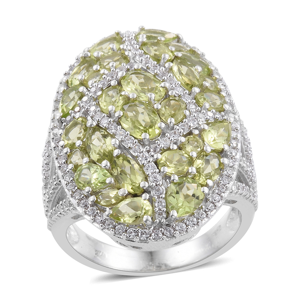 Hebei Peridot (Rnd), Natural Natural Cambodian Zircon Cluster Ring in Platinum Overlay Sterling Silv