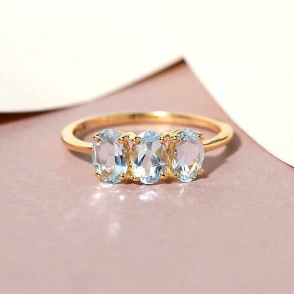 Aquamarine Trilogy Ring in 14K Gold Overlay Sterling Silver 1.22 Ct.