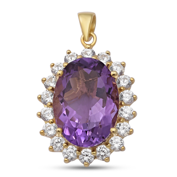 Lusaka Amethyst and Natural Cambodian Zircon Pendant in 14K Gold Overlay Sterling Silver 14.30 Ct.