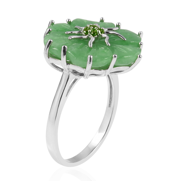 Carved Green Jade, Chrome Diopside Floral Ring in Rhodium Overlay Sterling Silver 11.350 Ct.
