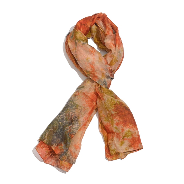 100% Mulberry Silk Orange and Multi Colour Abstract Pattern Scarf (Size 180x100 Cm)