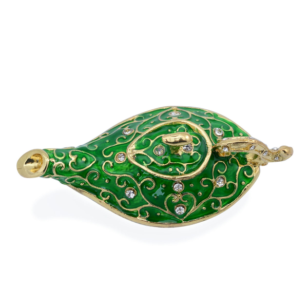 Green Enameled Lamp Shape Trinket Box in Gold Tone Decorated with White Austrian Crystal