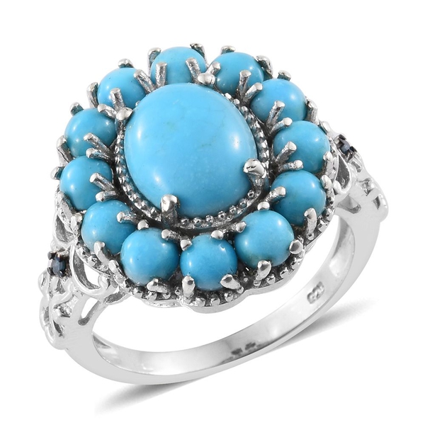 5.75 Ct Sleeping Beauty Turquoise and Blue Diamond Floral Ring in Platinum Plated Silver 6.67 Grams