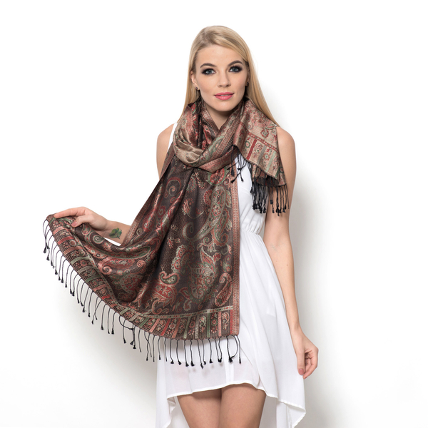 100% Superfine Silk Paisley Pattern Chocolate Colour Jacquard Jamawar Scarf with Fringes (Size 175x7