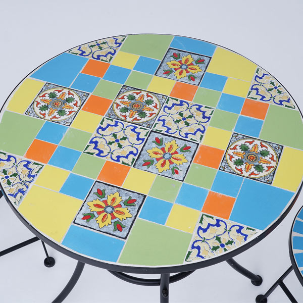 3 Piece Set - Square Pattern Mosaic Bistro Set Table (Size:60x60x70Cm) and 2 Chairs (Size:39x44x90Cm) - Multi